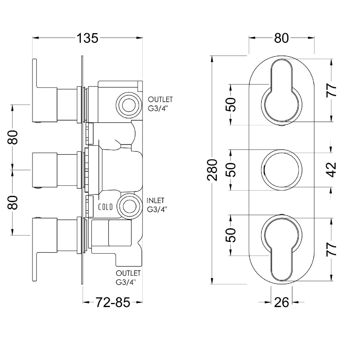 Fairford Element 10 Brushed Brass Round Concealed Triple Shower Valve with Diverter, 3 Outlet