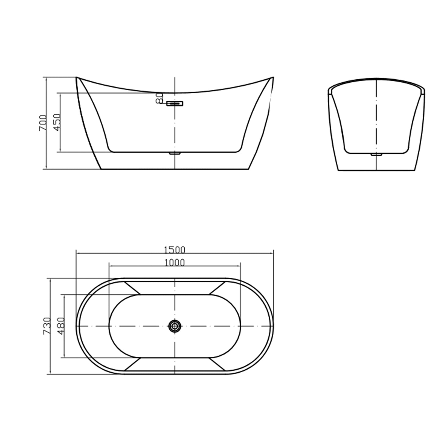 Rivato Assisi 1500mm x 730mm x 700mm Gloss White Freestanding Shower Bath