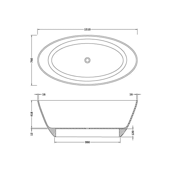 Fairford Esseta 1510 x 760 x 555mm Polished Solid Surface Freestanding Bath