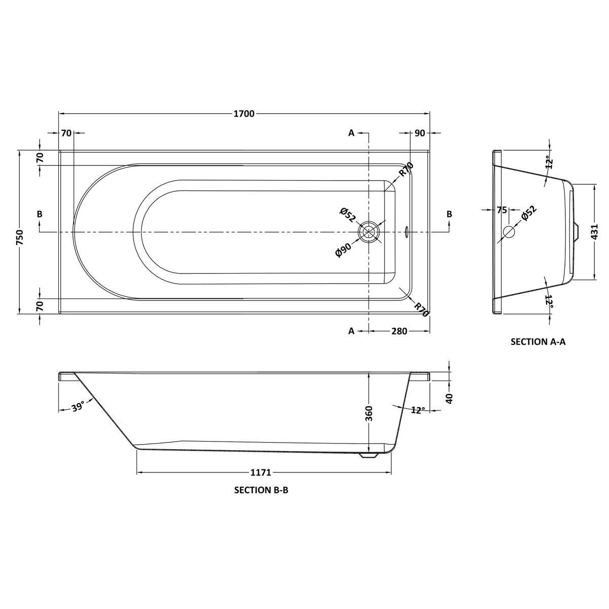 Fairford Novus Pro Reinforced 1700 x 750mm Single Ended Straight Bath