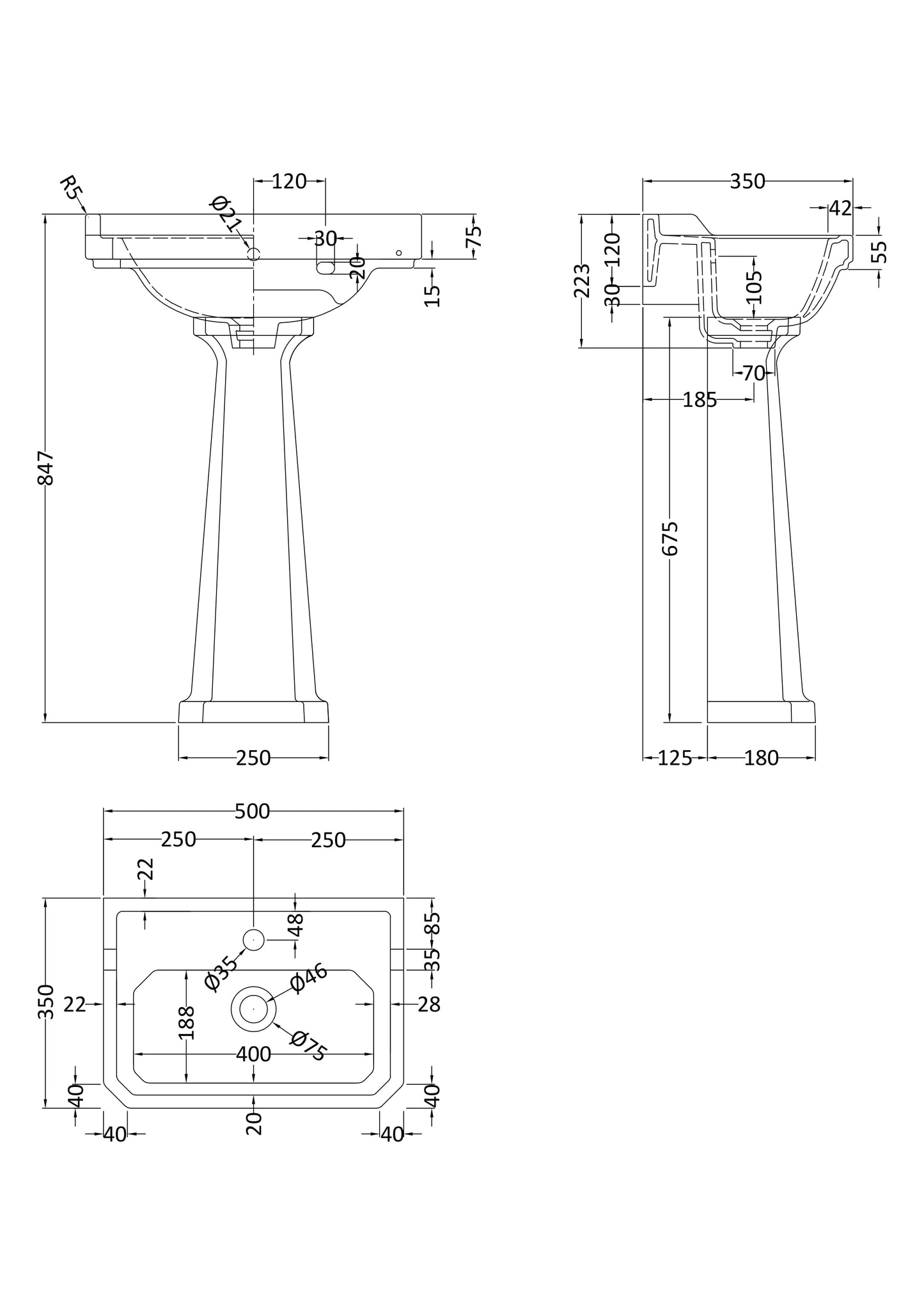 Fairford Hexam 500mm 1TH Basin and Full Pedestal