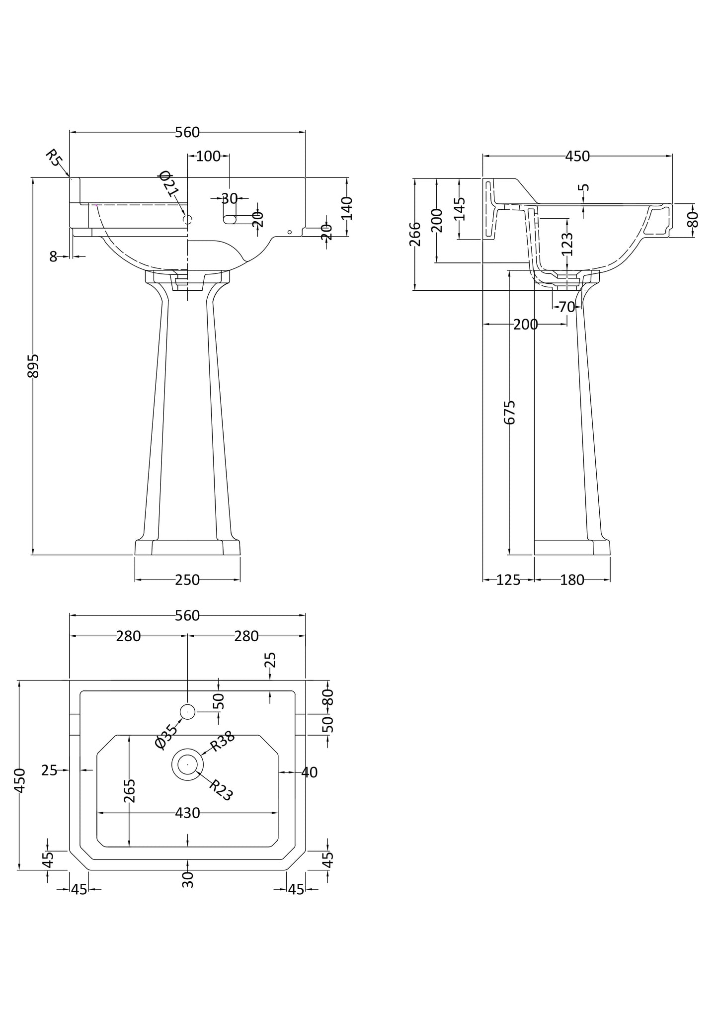 Fairford Hexam 560mm 1TH Basin and Full Pedestal