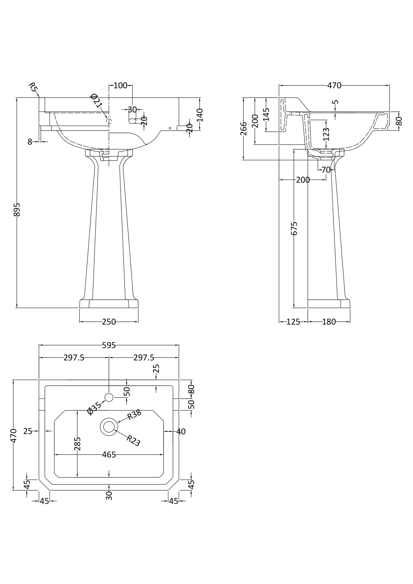 Fairford Hexam 600mm 1TH Basin and Full Pedestal