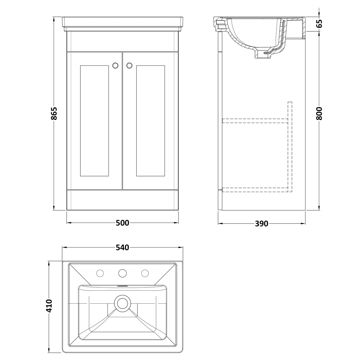 Fairford Laurel 500mm Floor Standing Satin White Vanity Unit - 3 Tap Hole