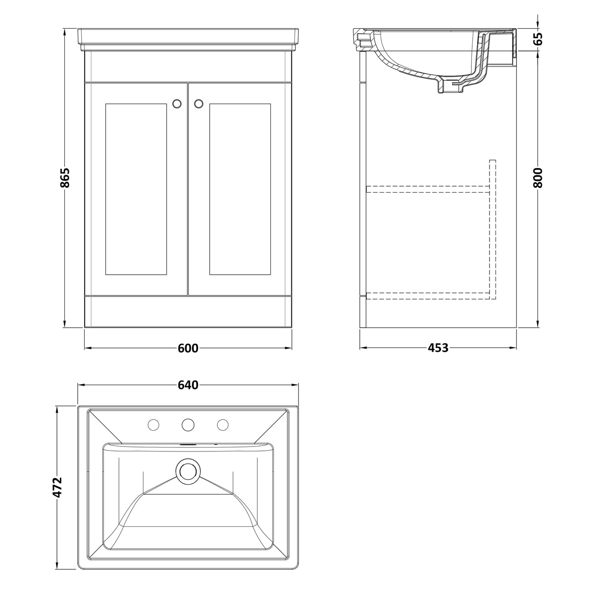 Fairford Laurel 600mm Floor Standing Satin White Vanity Unit - 3 Tap Hole