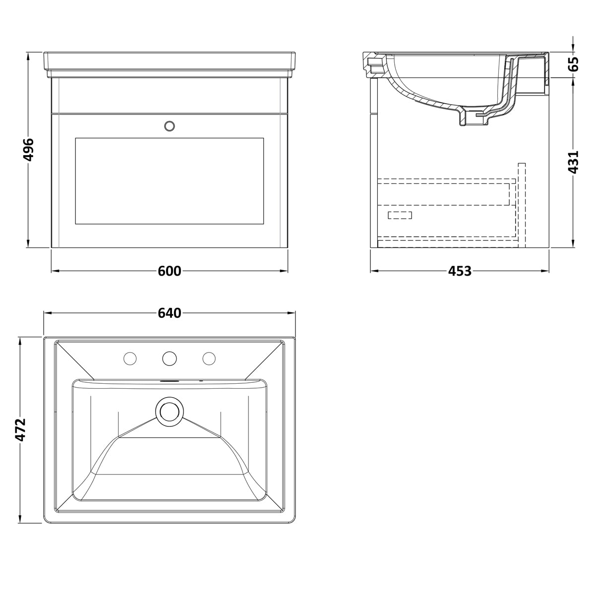 Fairford Laurel 600mm Wall Hung Satin Anthracite Vanity Unit - 3 Tap Hole