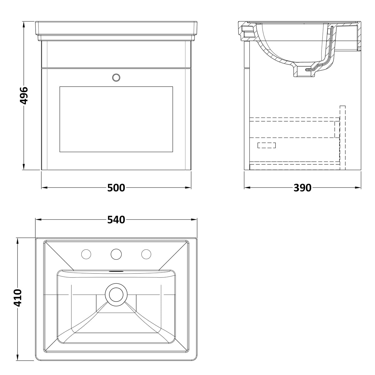 Fairford Laurel 2.0 500mm Wall Hung Satin White Vanity Unit - 3 Tap Hole