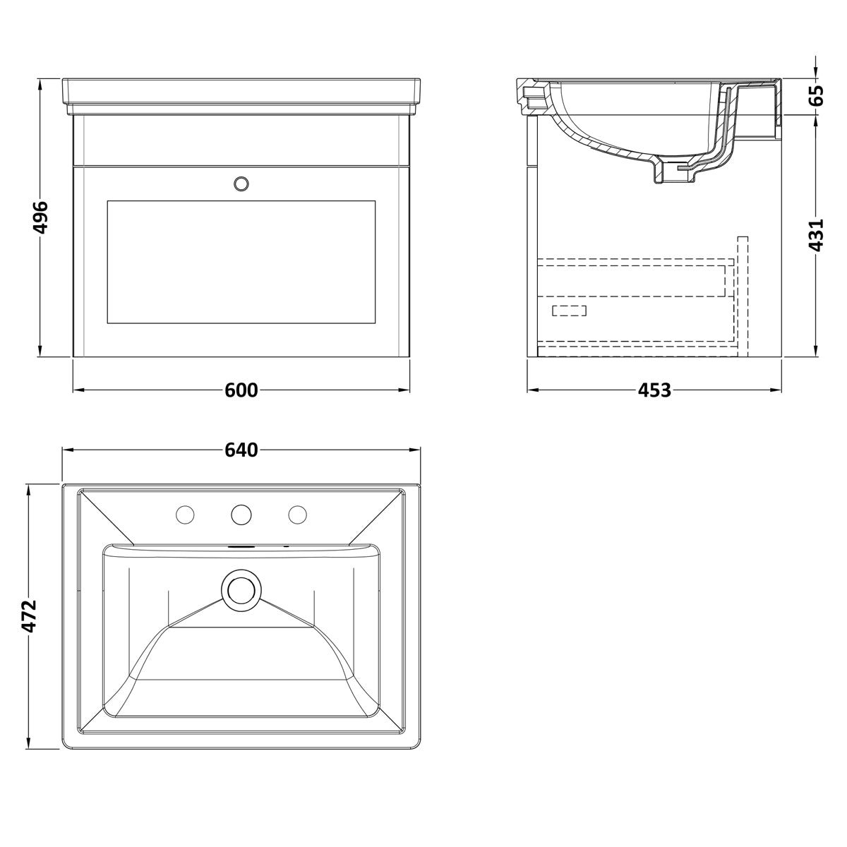 Fairford Laurel 600mm Wall Hung Satin White Vanity Unit - 3 Tap Hole