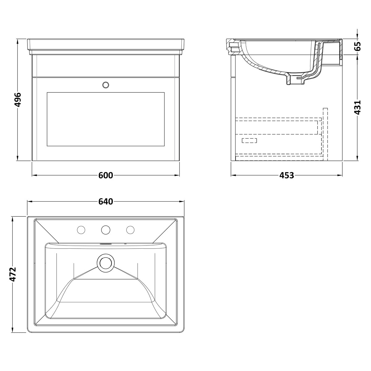 Fairford Laurel 600mm Wall Hung Satin Grey Vanity Unit - 3 Tap Hole