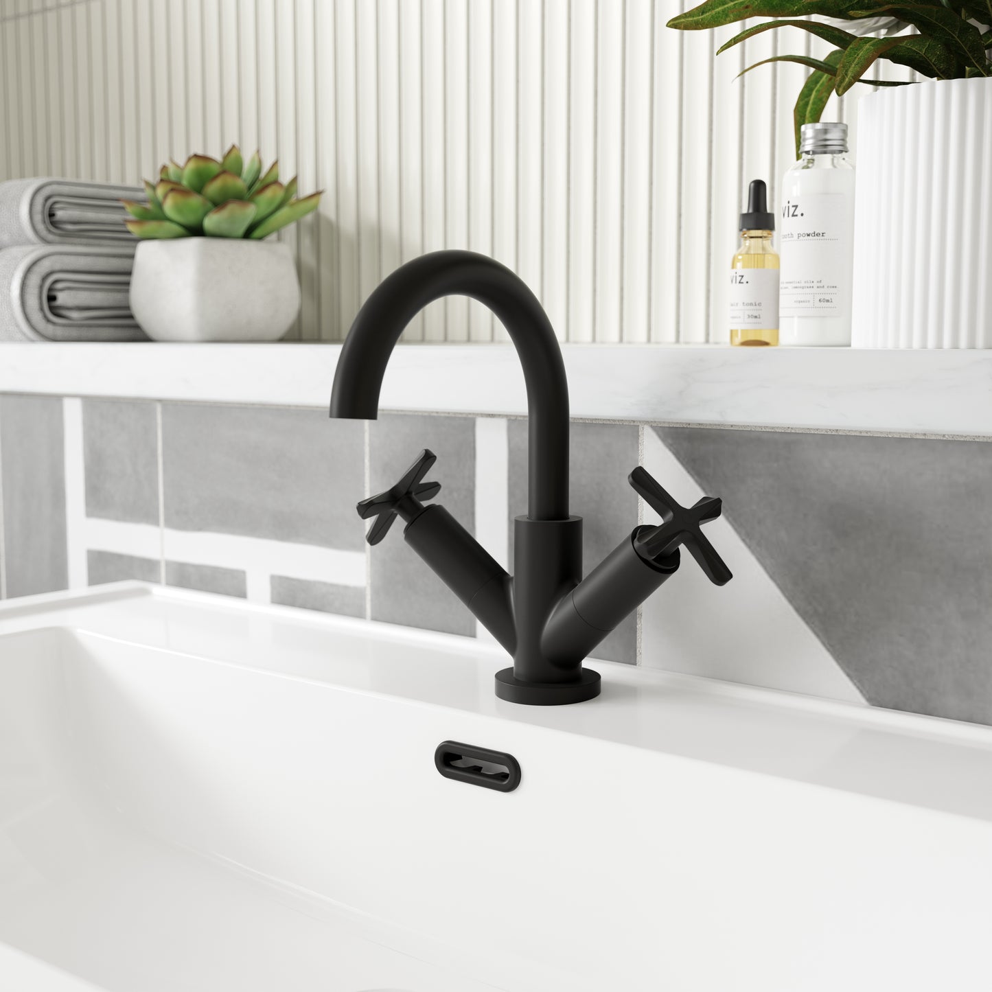 Fairford Verso Matt Black Basin Mixer with Push Button Waste