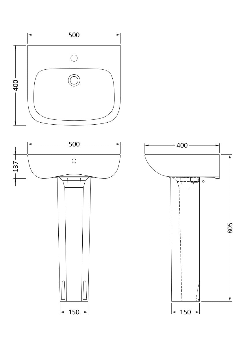 Fairford Roda 500mm 1 Tap Hole Basin with Full Pedestal