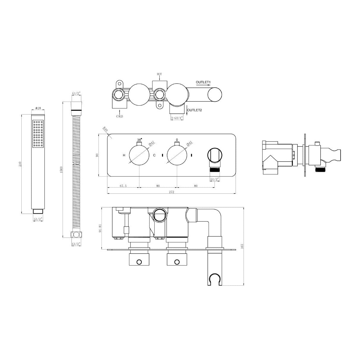 Fairford Element Chrome Round Twin Valve with Integrated Handset, 2 Outlet