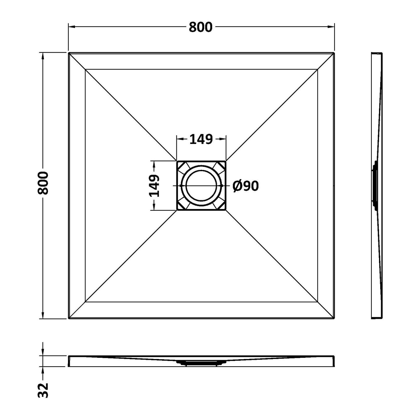 Fairford Square Black Slate Shower Tray, Center Waste-800mm x 800mm