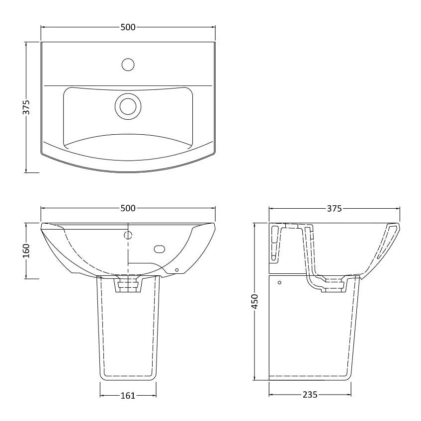 Fairford Nuna 500mm 1 Tap Hole Basin with Semi Pedestal