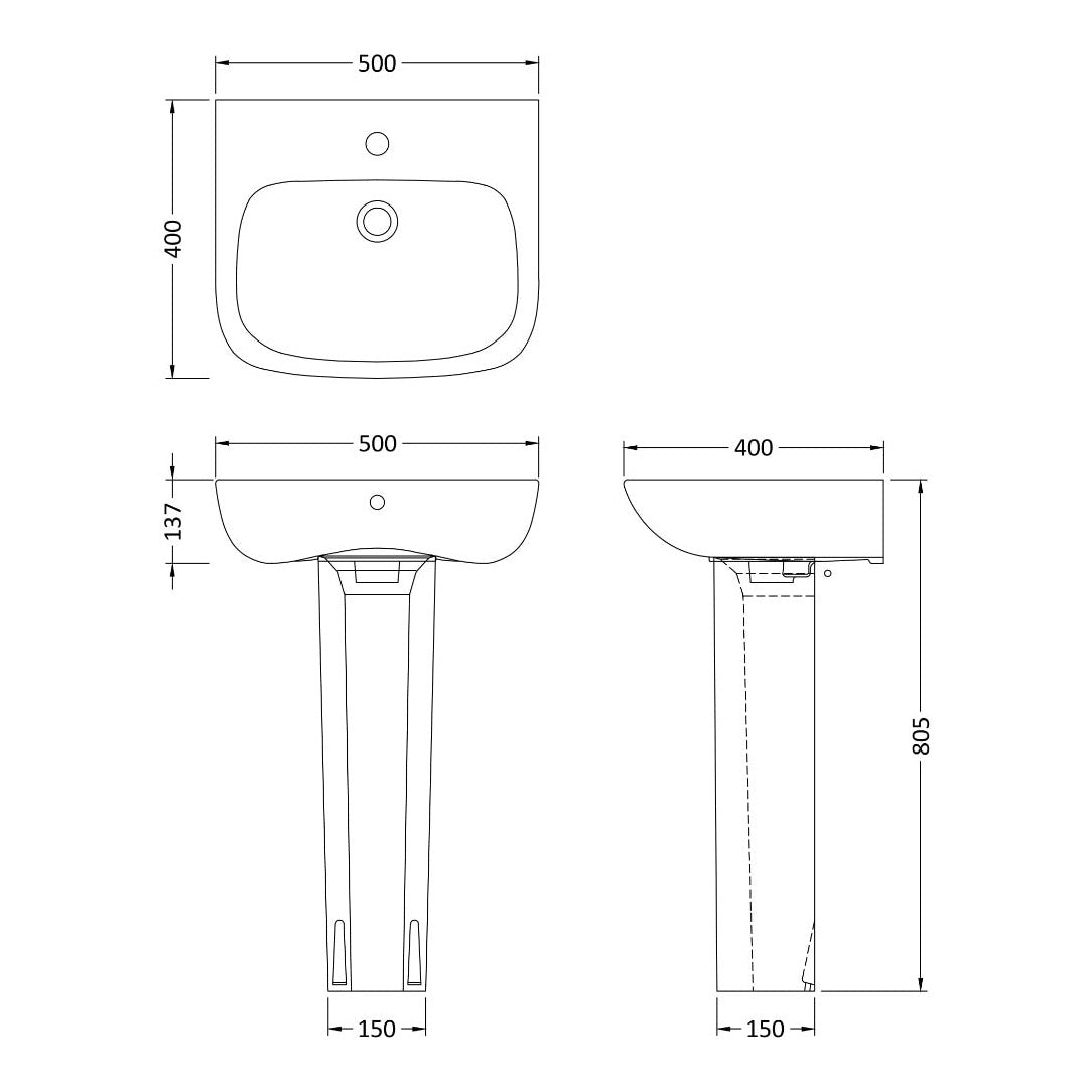 Fairford Roda 500mm 1 Tap Hole Basin with Full Pedestal