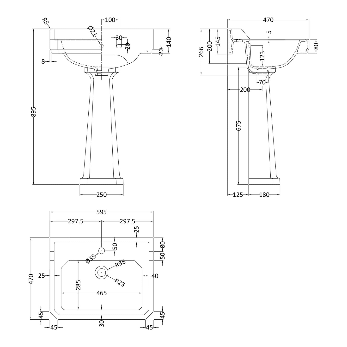 Fairford Hexam 600mm 1TH Basin and Full Pedestal