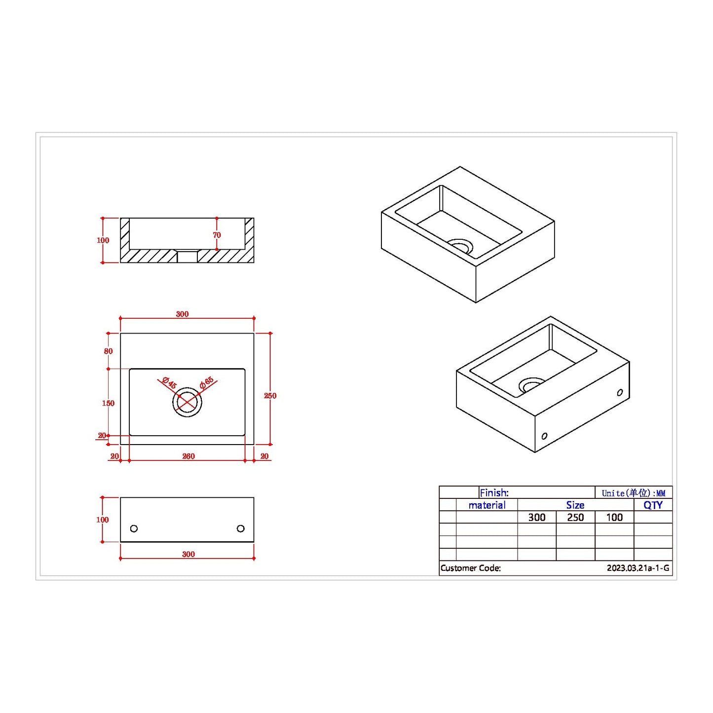 300 x 250mm 0 Tap Hole Wall Hung Basin