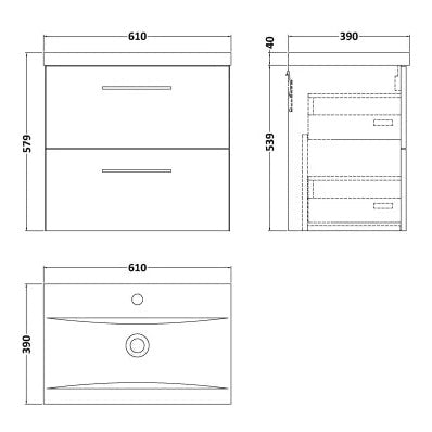 Fairford Aspri Satin Grey 600mm 2 Drawer Wall Hung Vanity Unit