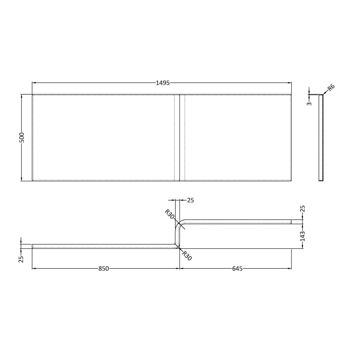 Fairford Acrylic L Shape Side Panel, 1500mm