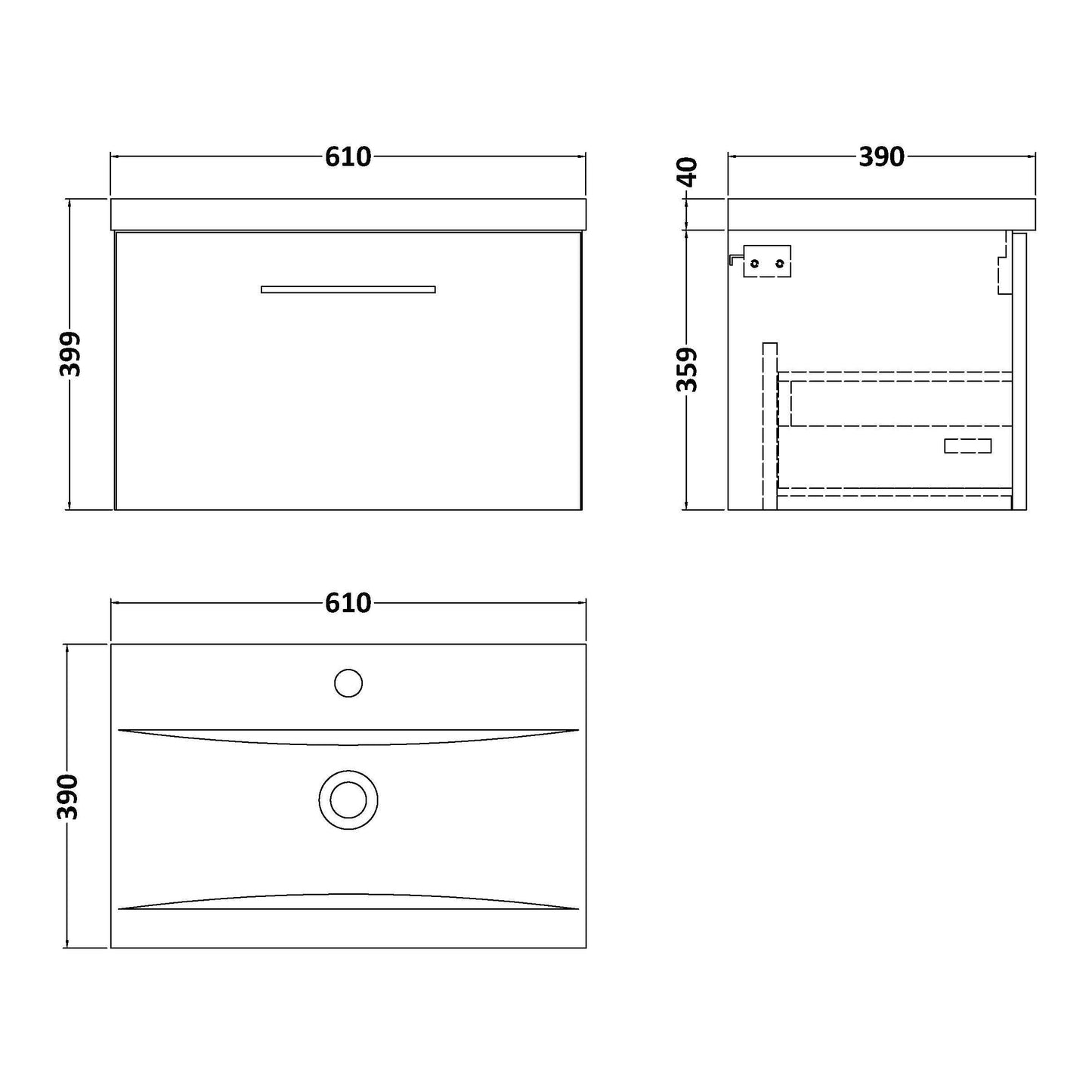 Fairford Aspri 600mm Gloss White Wall Hung Vanity Unit, 40mm Basin
