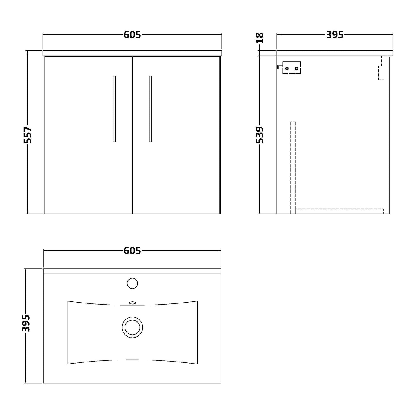 Fairford Aspri Grey Woodgrain 600mm 2 Door Wall Hung Vanity Unit with Worktop