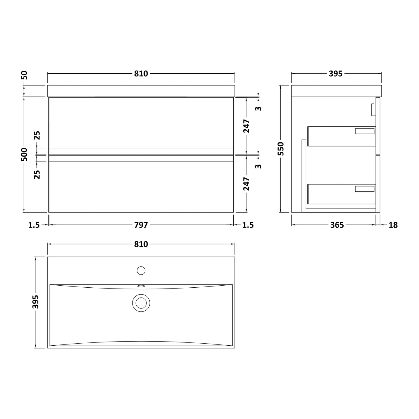 Fairford Finesse Soft Black 800mm 2 Drawer Wall Hung Vanity Unit