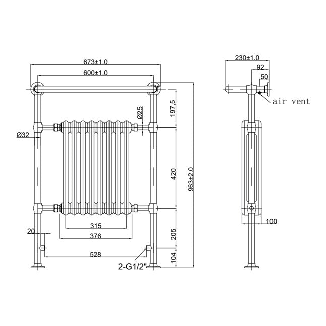 Fairford Cambridge 963 x 673mm Brushed Brass Towel Rail