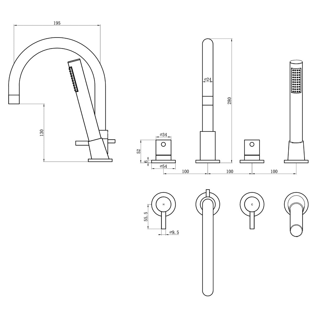 Fairford Element Matt Black 4 Hole Bath Shower Mixer