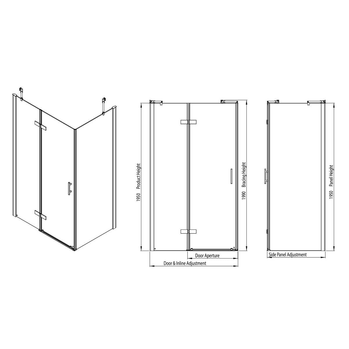 Fairford Pro 8 1200mm Frameless 8mm Hinged Shower Door with Inline Panel