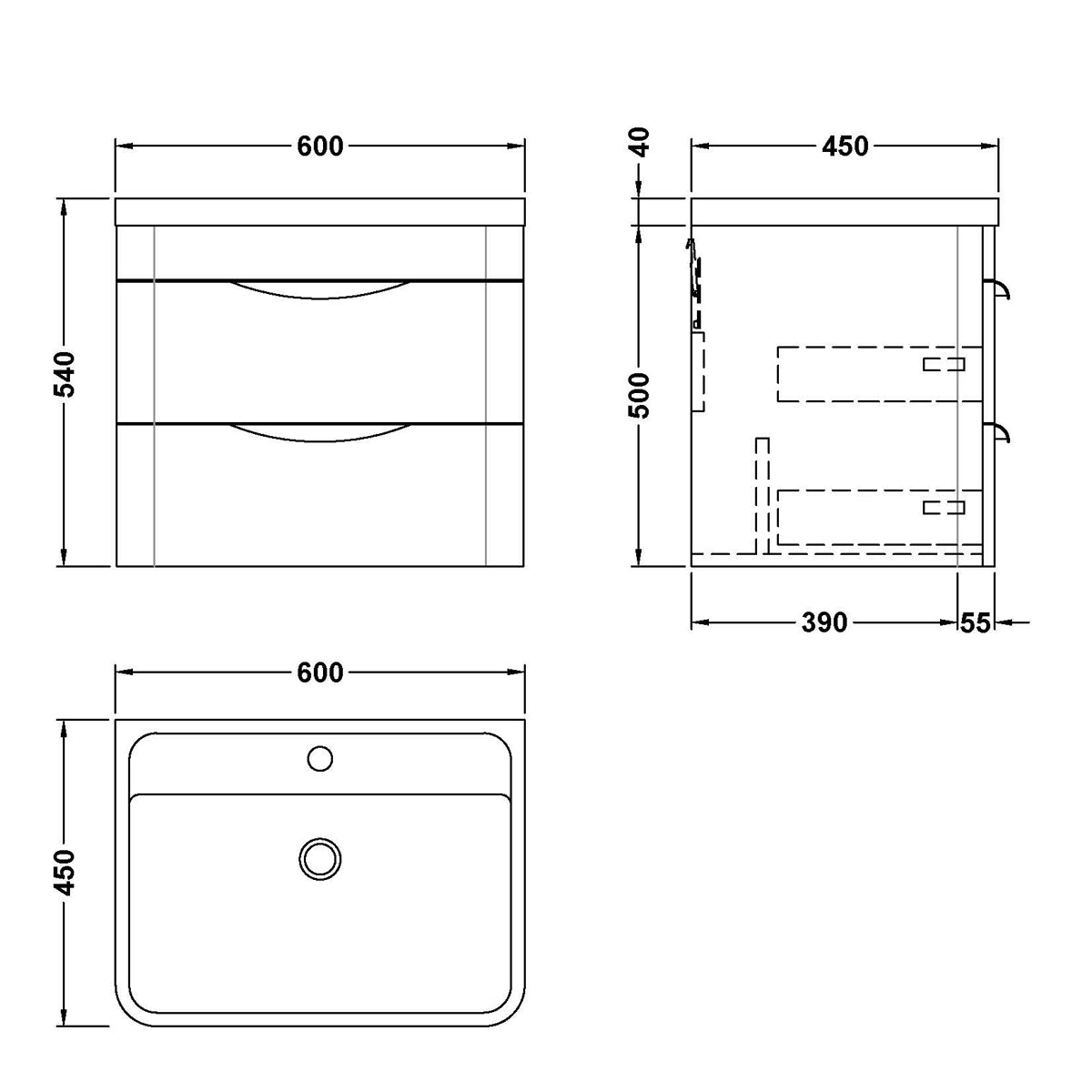 Fairford Flow 600mm 2 Drawer Satin Anthracite Wall Hung Vanity Unit
