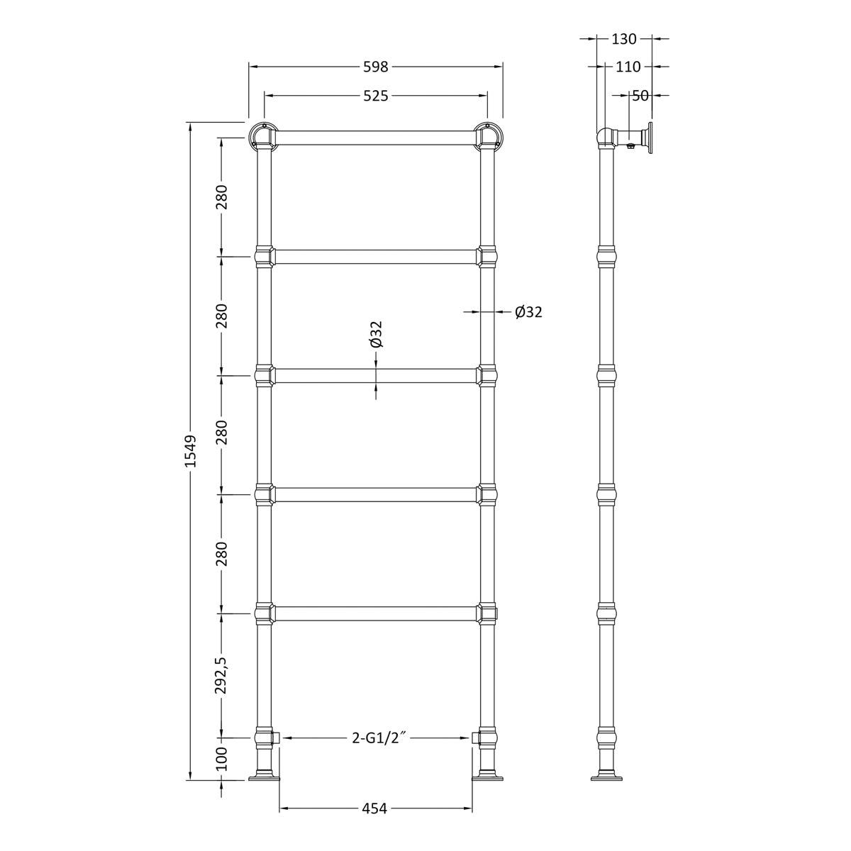Fairford Winchester Floor Mounted 1550 x 600mm Towel Rail