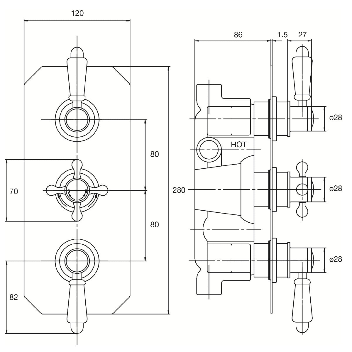 Fairford Hampden Concealed Triple Shower Valve, 2 Outlet
