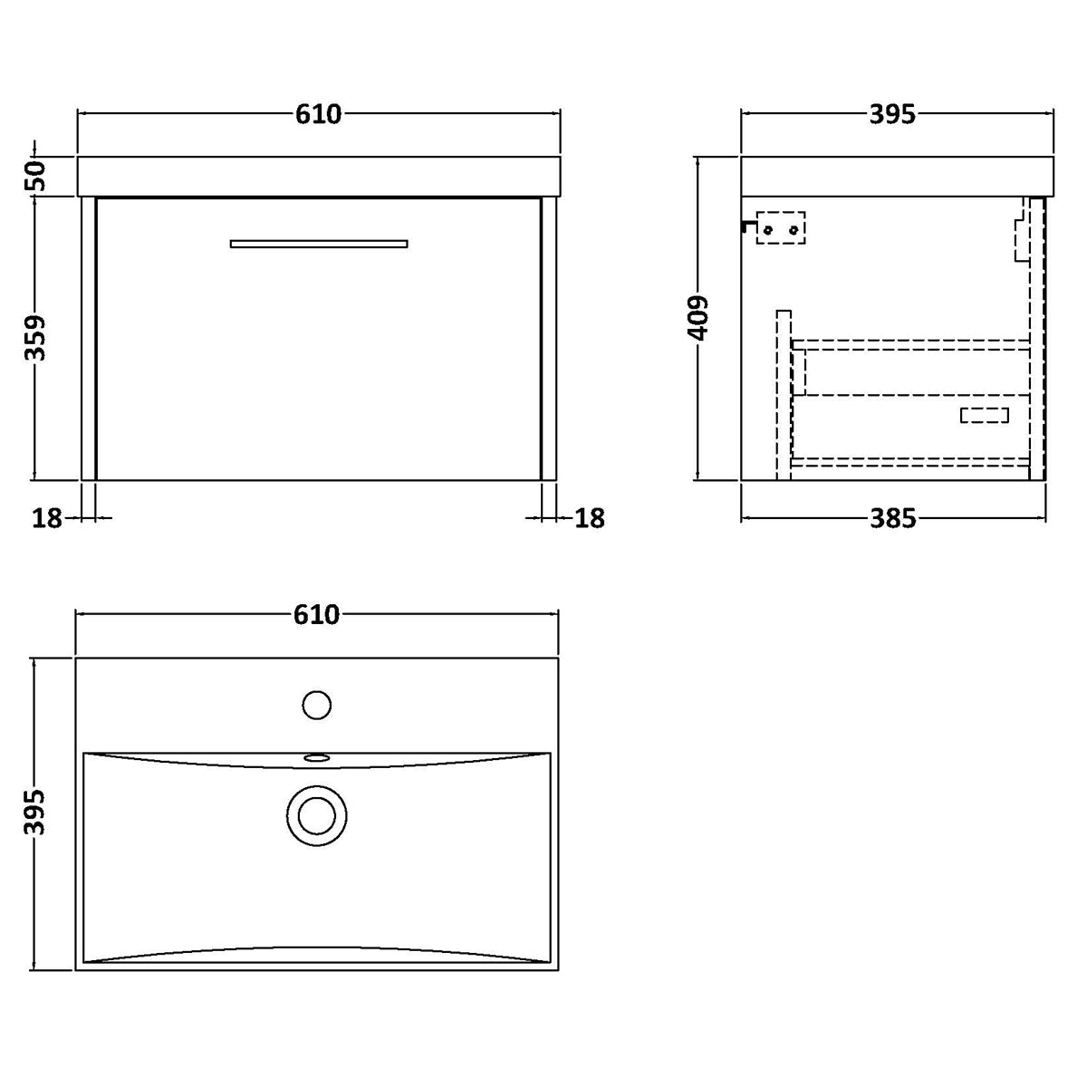 Fairford Anika 600mm Matt Grey 1 Drawer Wall Hung Vanity Unit