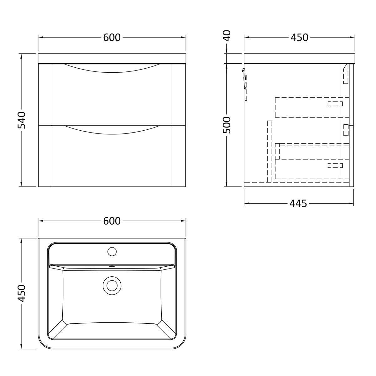 Fairford Eclipse 600mm 2 Drawer Satin White Wall Hung Vanity Unit