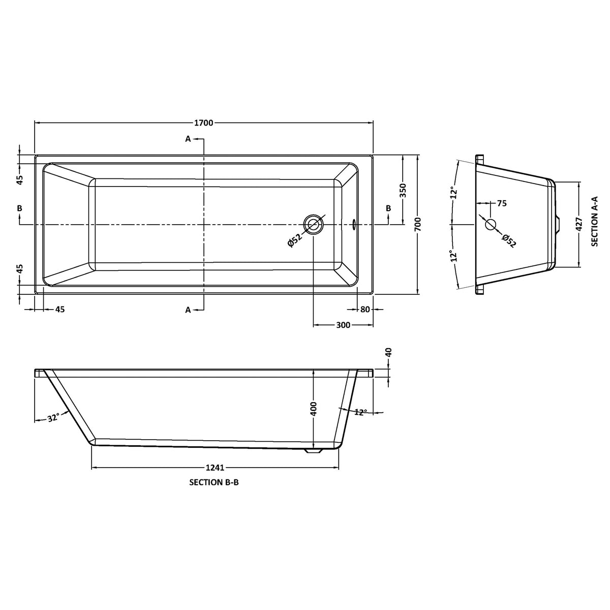 Fairford Una Thin Edge 1700 x 700mm Single Ended Straight Bath