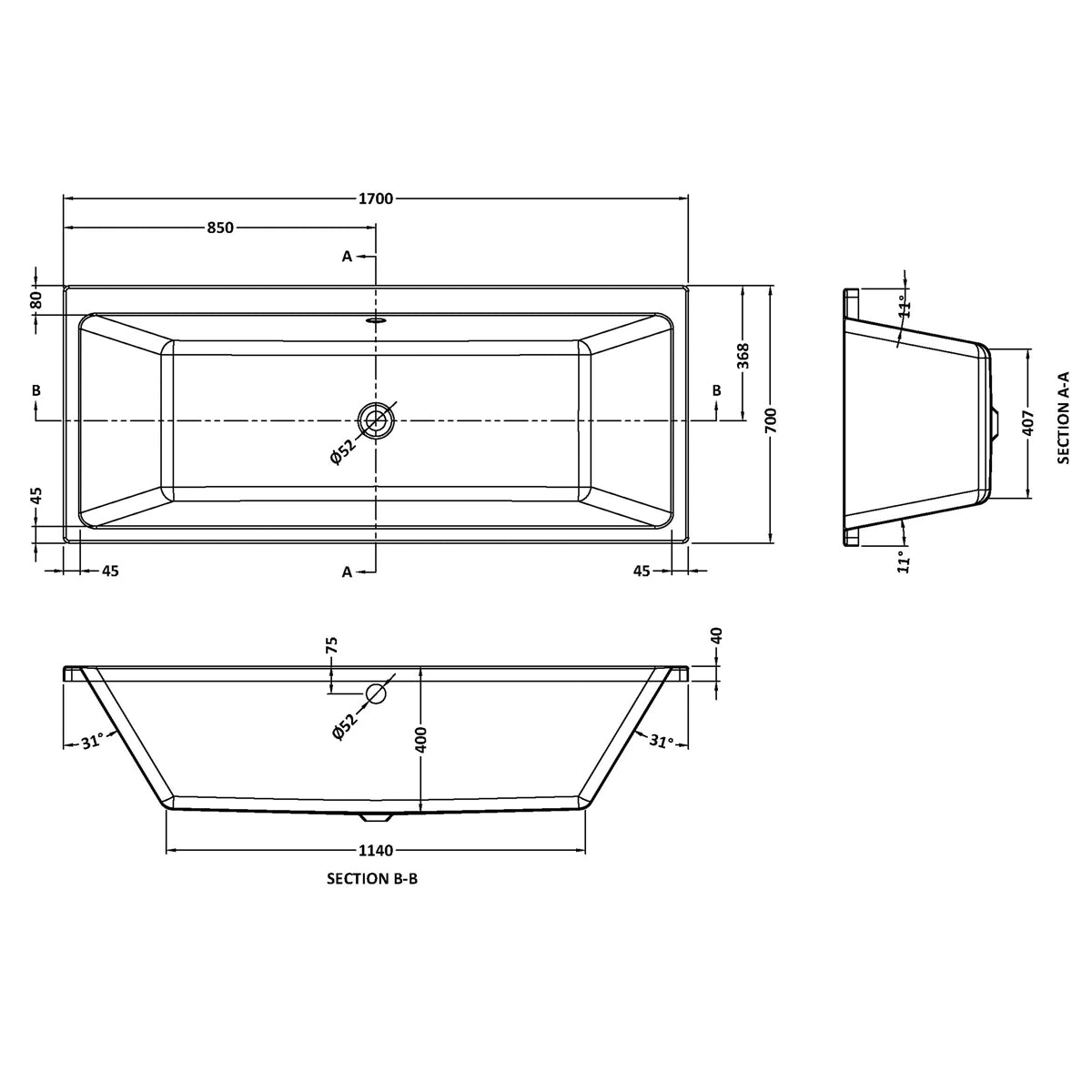 Fairford Una Thin Edge 1700 x 700mm Double Ended Straight Bath