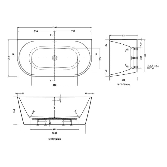 Fairford Brescia 1500 x 750 x 575mm Freestanding Bath