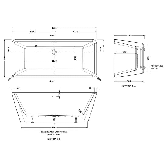 Fairford Torino 1615 x 720 x 580mm Freestanding Bath