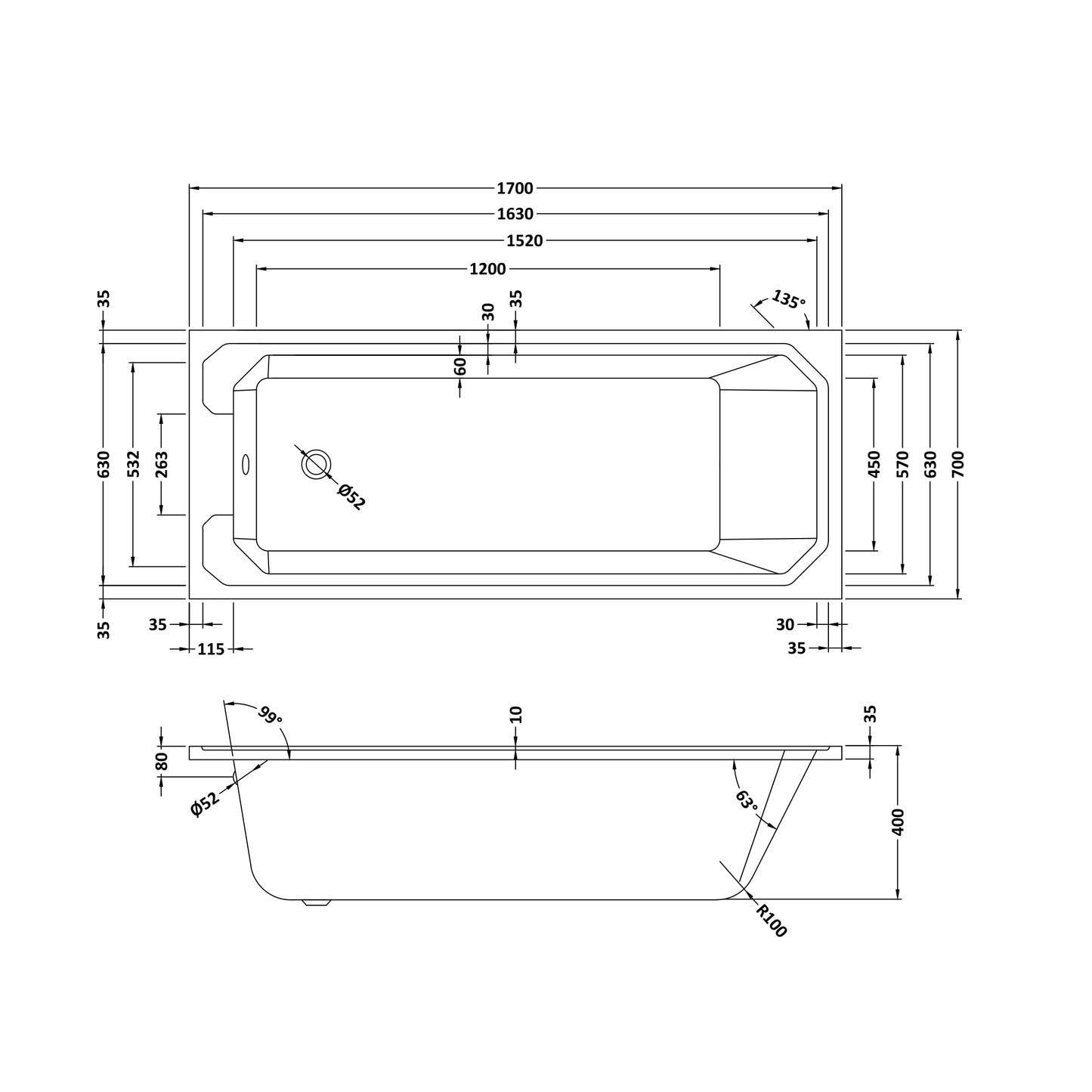 Fairford Hexam Single Ended Traditional Straight Bath-1700 x 700mm