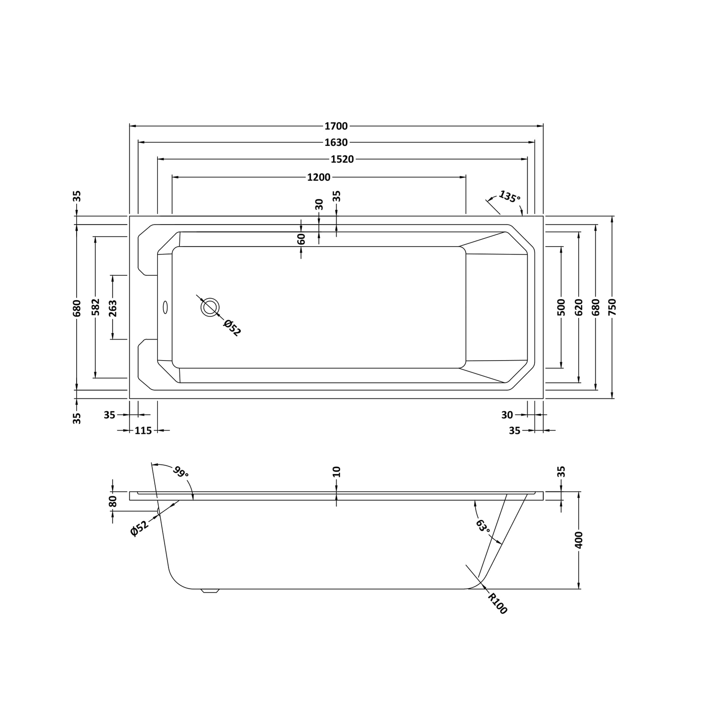 Fairford Hexam Single Ended Traditional Straight Bath-1700 x 750mm