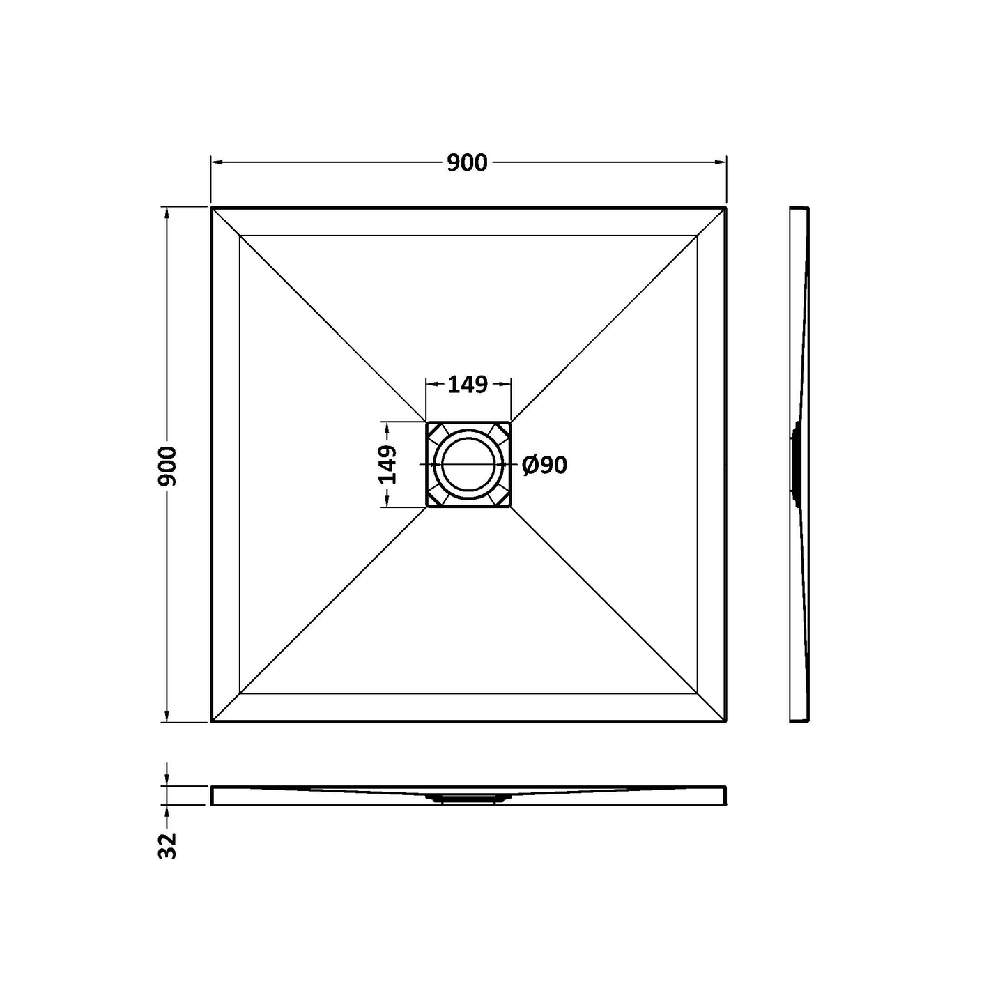 Fairford Square White Slate Shower Tray, Center Waste-900mm x 900mm