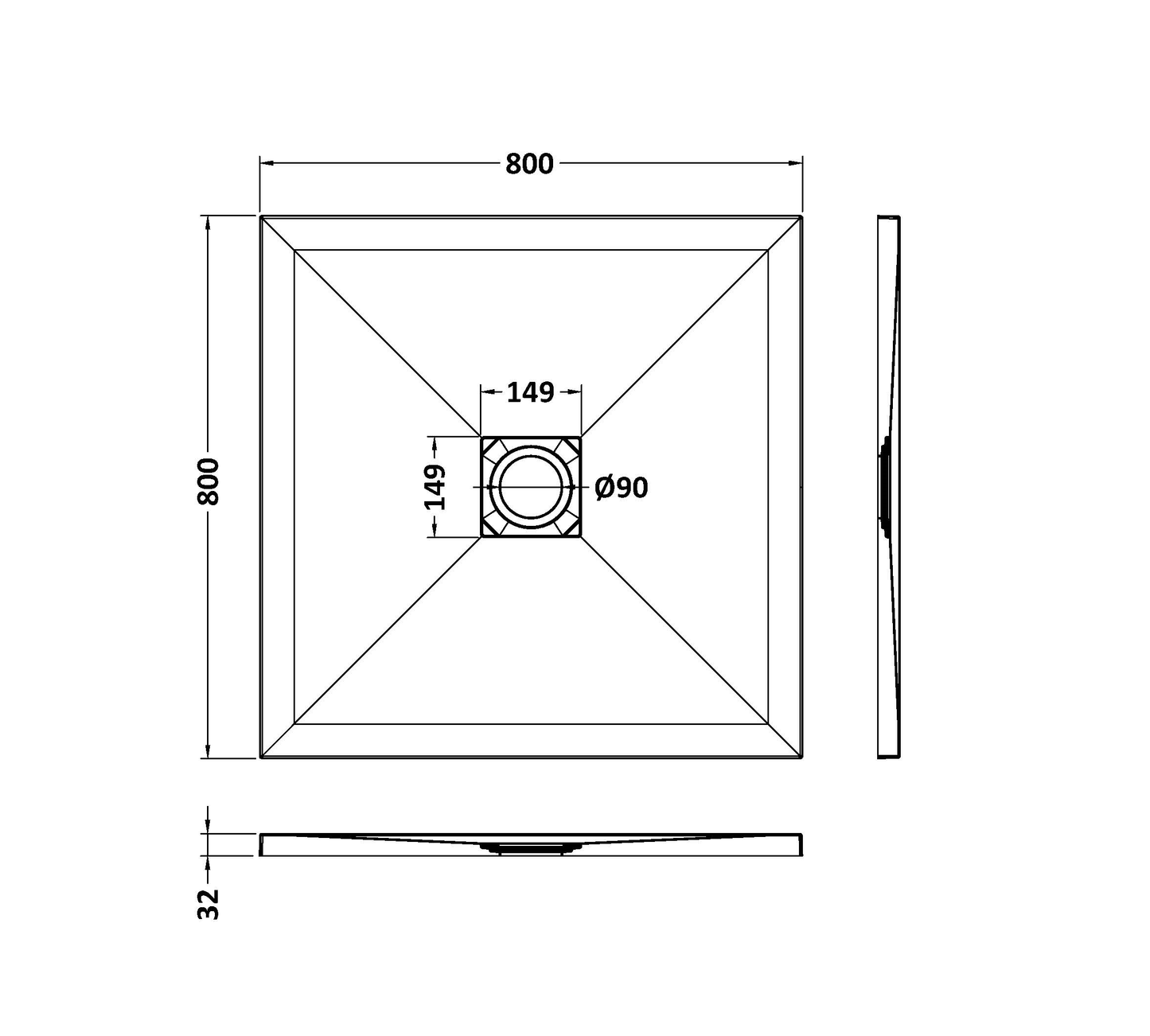 Fairford Square Black Slate Shower Tray, Center Waste-800mm x 800mm