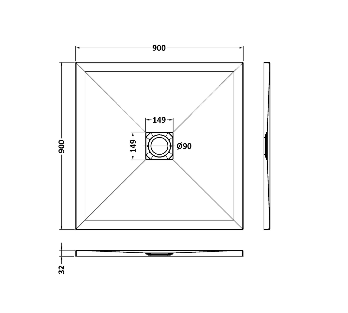 Fairford Square Black Slate Shower Tray, Center Waste-900mm x 900mm