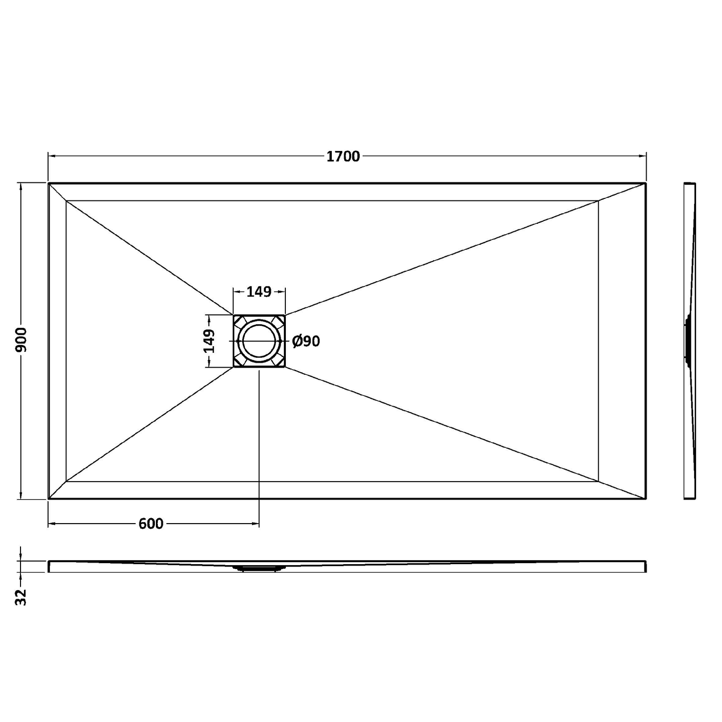 Fairford Rectangular Black Slate Shower Tray, Center Waste-1700mm x 900mm