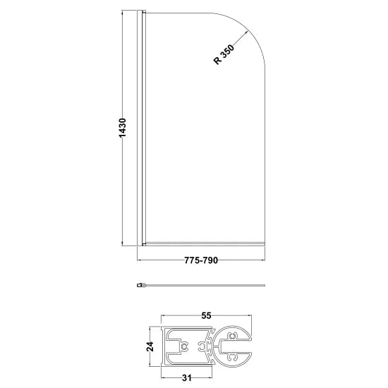 Fairford 6mm Gunmetal Radius Hinged Bath Screen