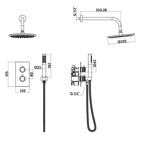 Fairford Element 7 Brushed Brass Concealed Shower Kit with Overhead, Handset and Bracket