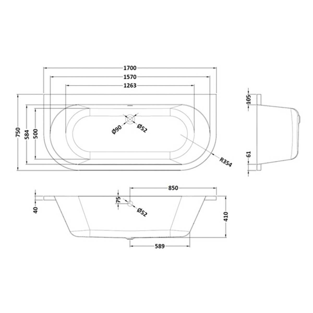 Fairford Ordo Back To Wall Bath with Panel