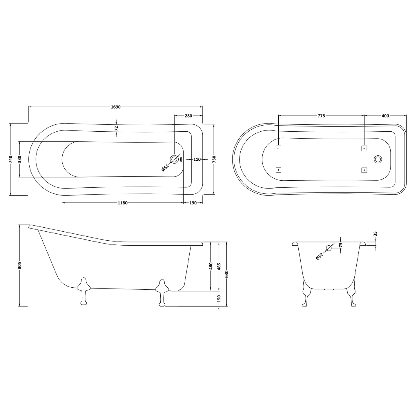 Fairford Portchester 1700mm Freestanding Baths - Various Feet Options-Pride Feet