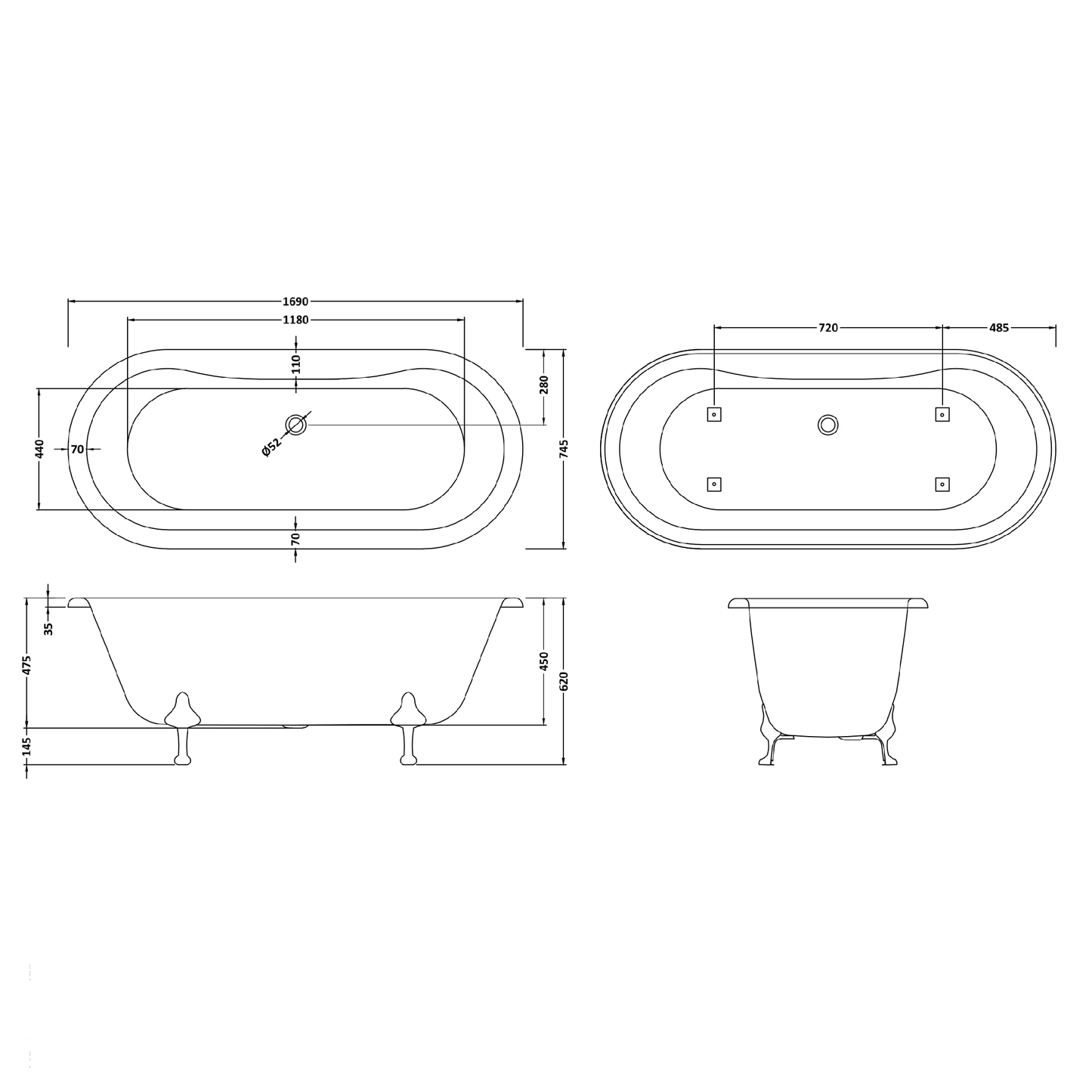 Fairford Bolsover 1700mm Freestanding Baths - Various Feet Options-Corbel Feet