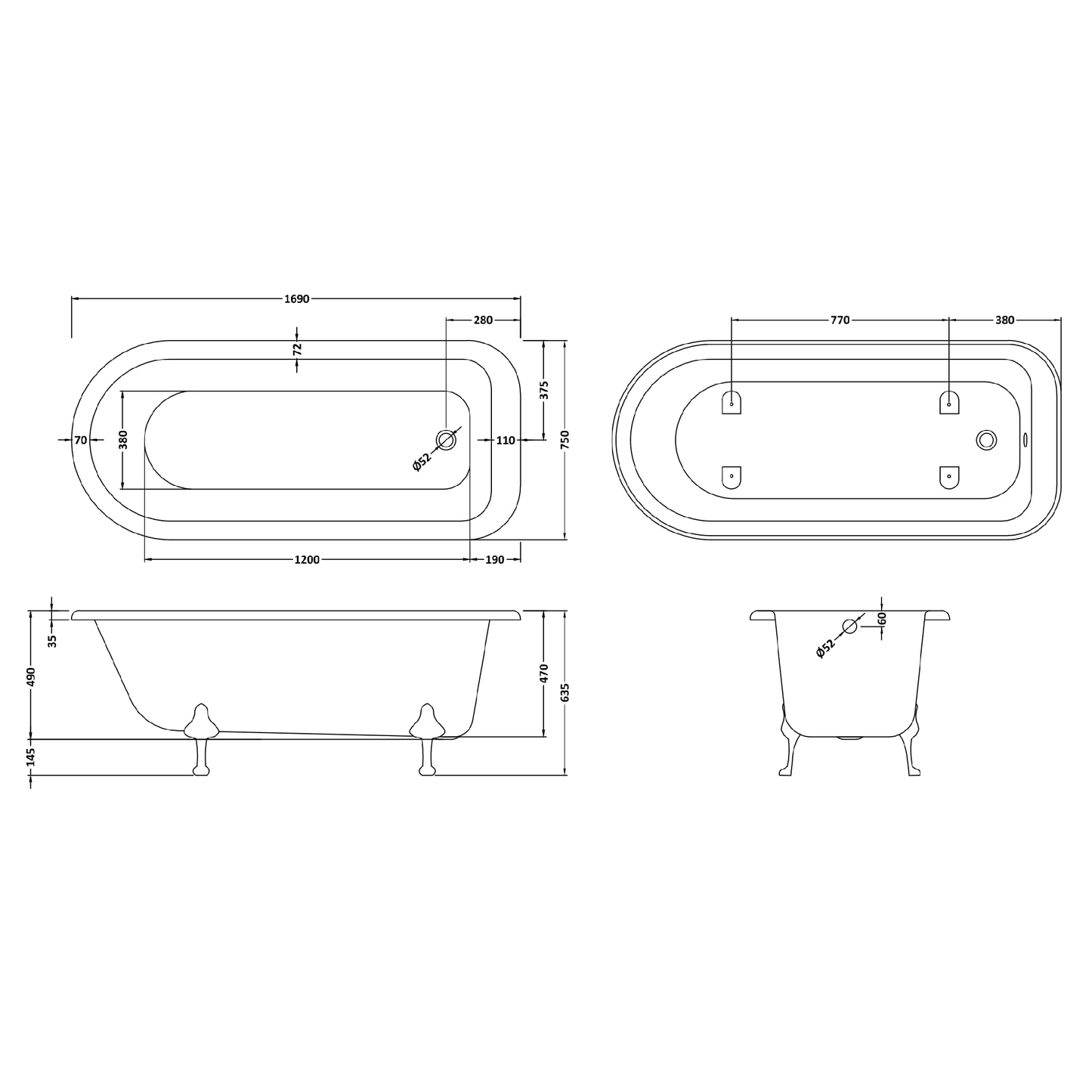 Fairford Kenilworth 1700mm Freestanding Baths - Various Feet Options-Deacon Feet